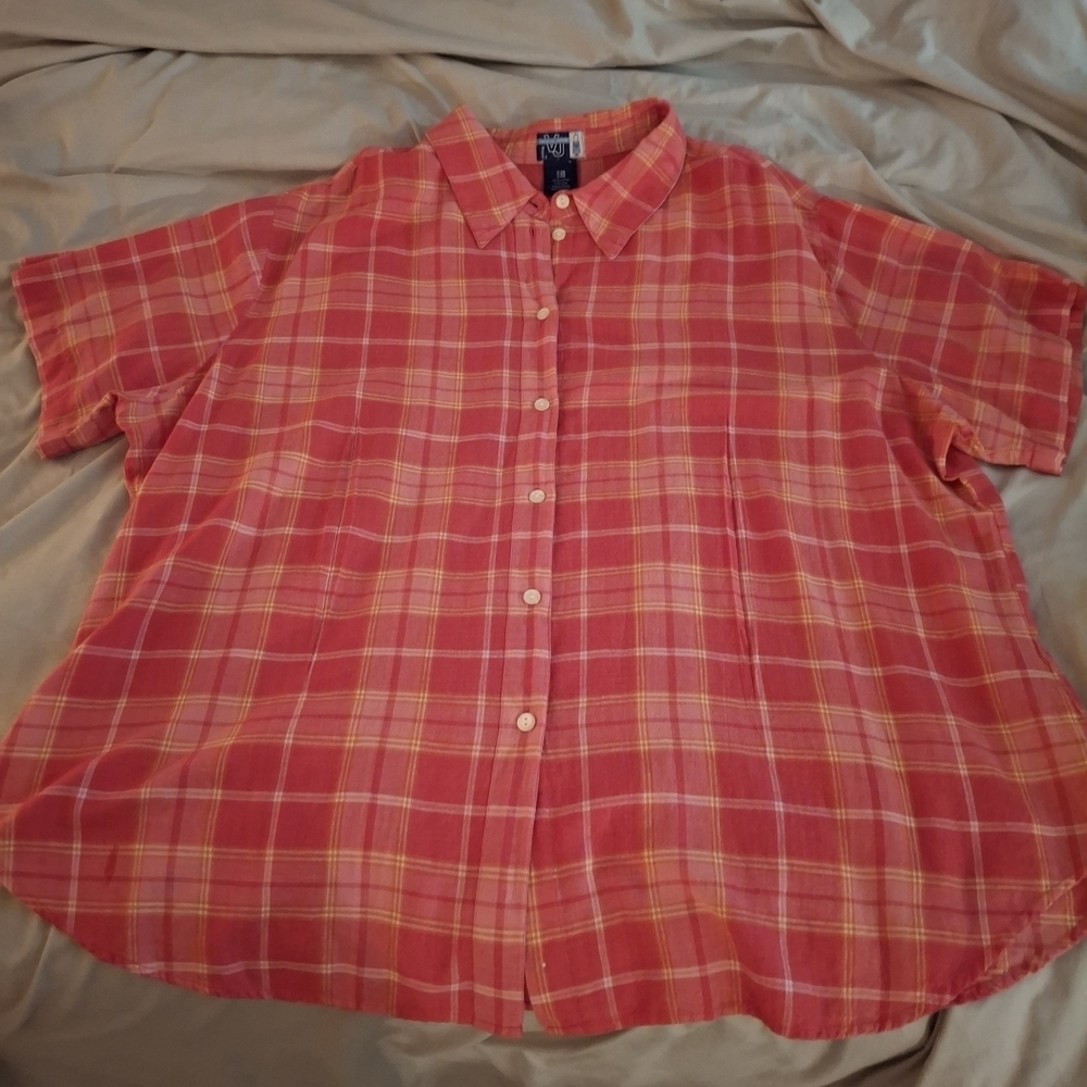 Venezia Jeans Men's Red and Orange Plaid Button Down Shirt - Picture 3 of 5